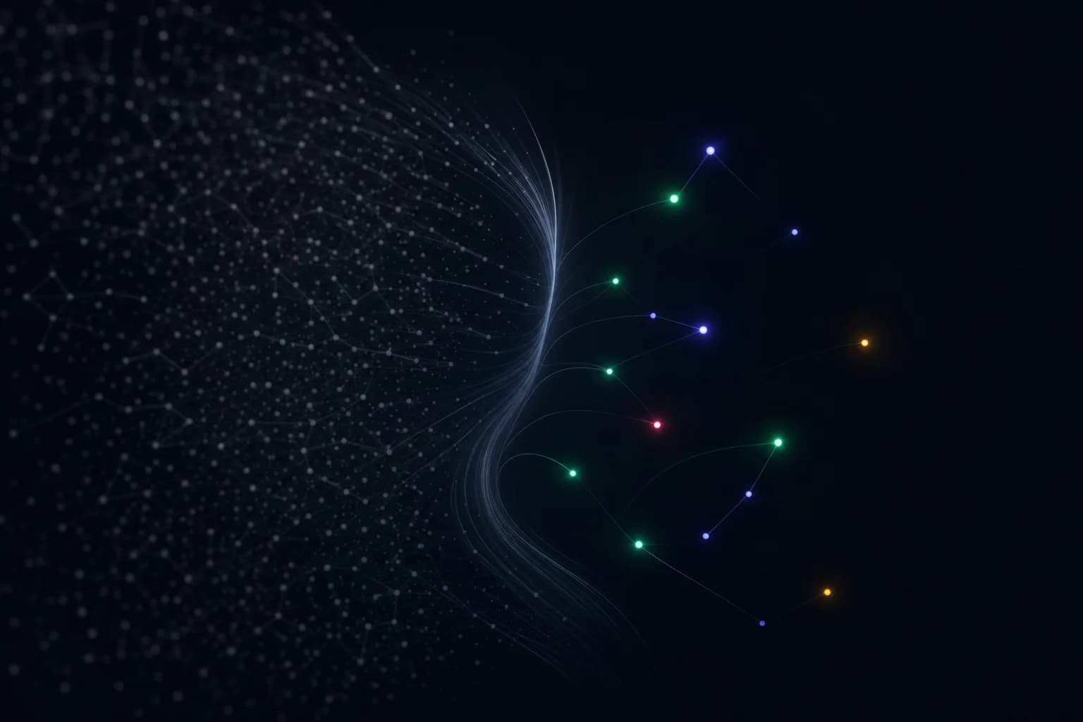 A field of mostly dim, faded nodes with a scattered few glowing — unused fields amid the ones in use.