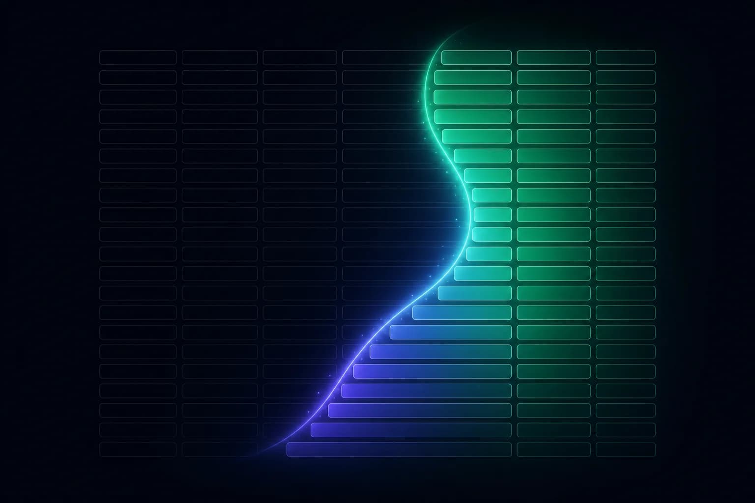 Rows of empty outline cells with a wave of light filling them in — blank field descriptions being documented.