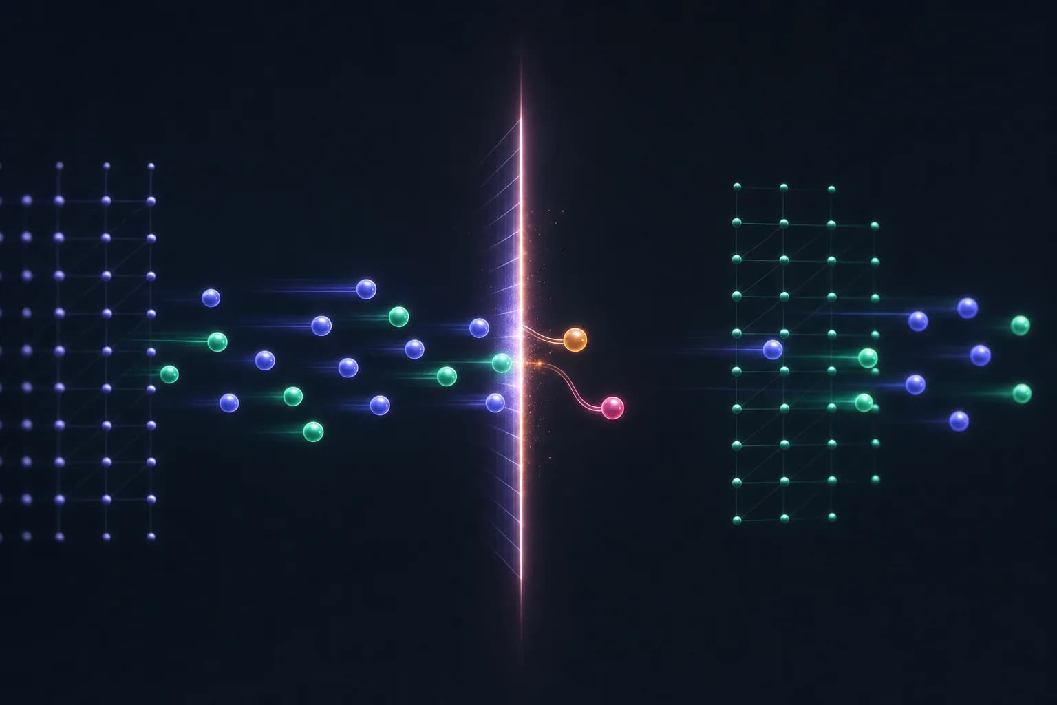 Components moving through a bright checkpoint, one or two held back at the gate — a vetted, staged release.