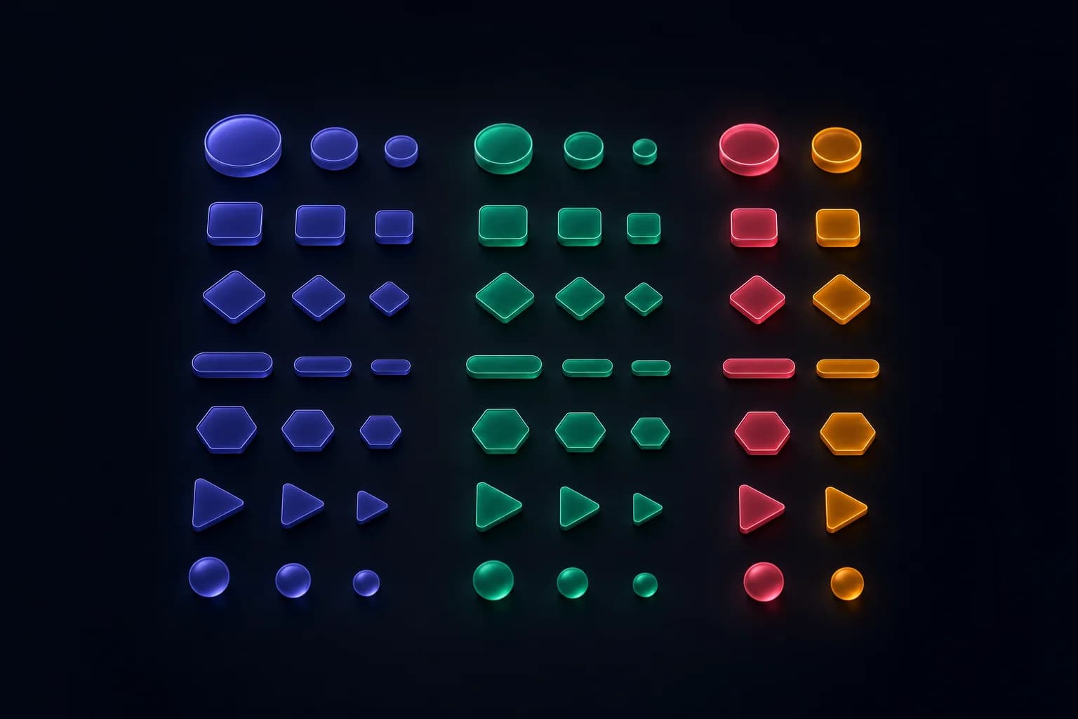 Small tokens of several distinct shapes sorted into groups, one or two flaring — a taxonomy of field types.