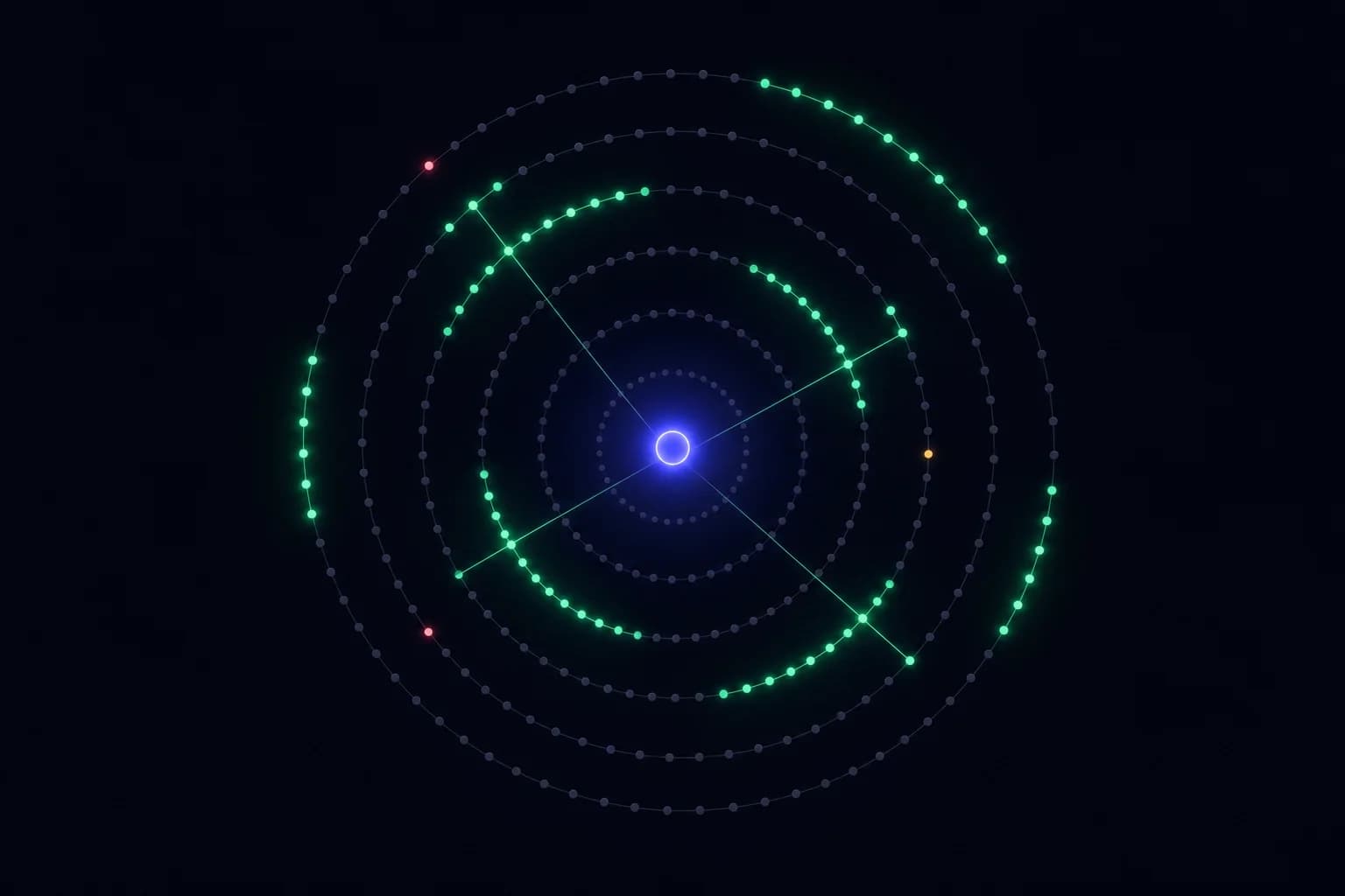A field node ringed by access points, some lit green and some dark — who can and can't see one field.